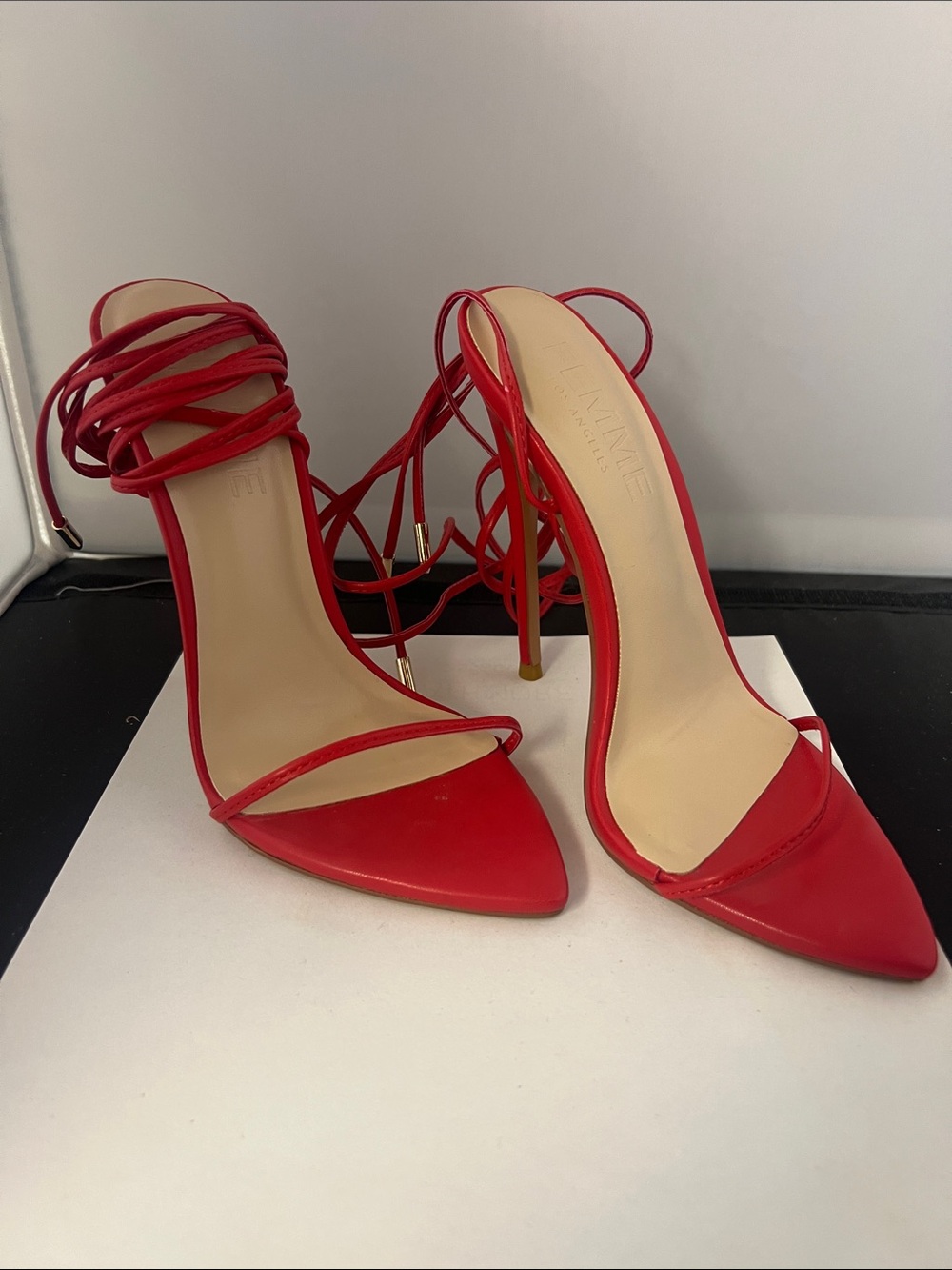 Red Lace-Up Pointed-Toe Stiletto Heels